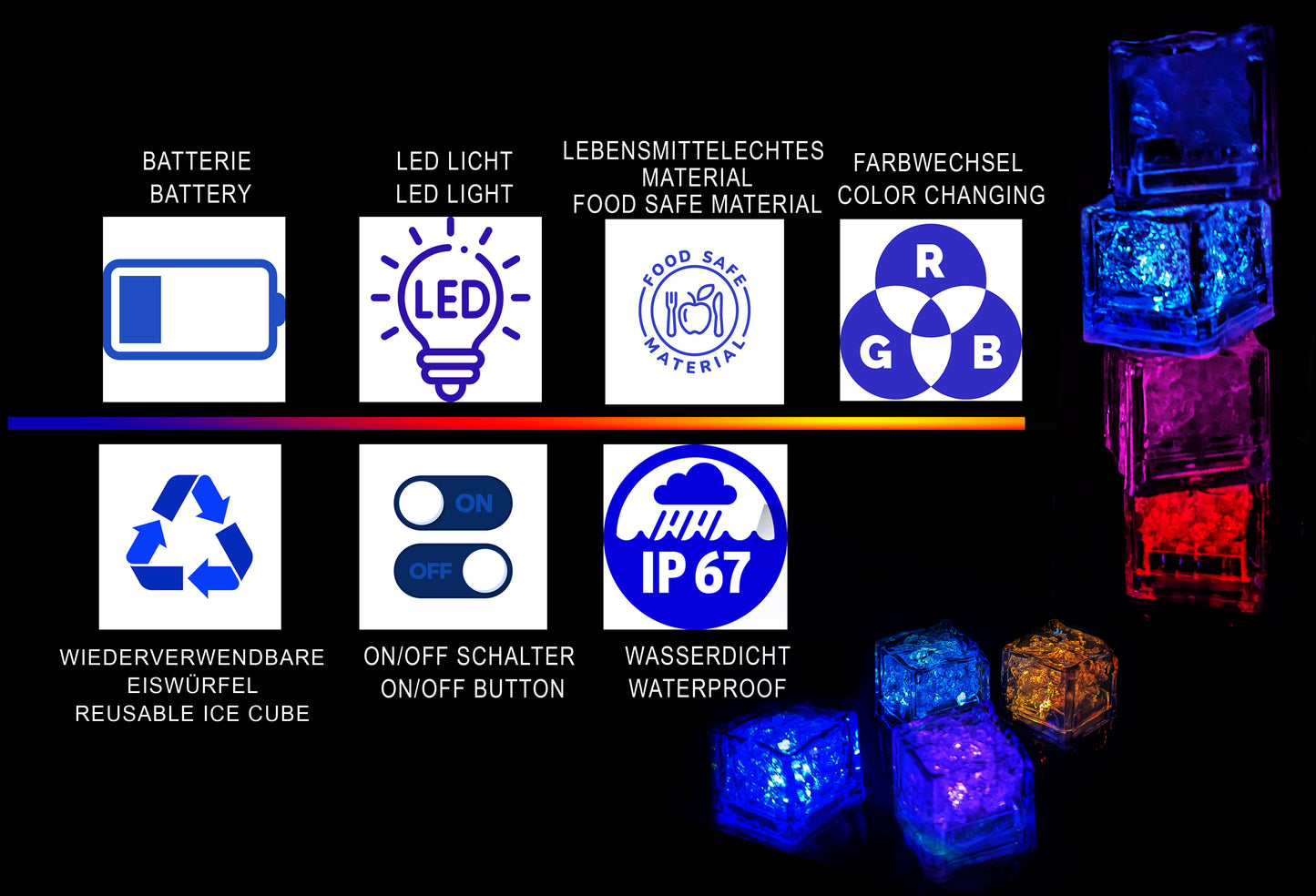 LED Eiswürfel Big Würfel On/Off 12er Pack – Perfekte Party-Dekoration