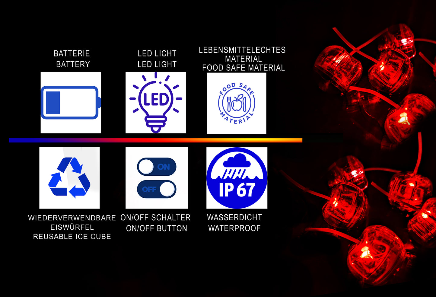 LED Eiswürfel Kirsche 24er Pack – Leuchtende Party-Dekoration