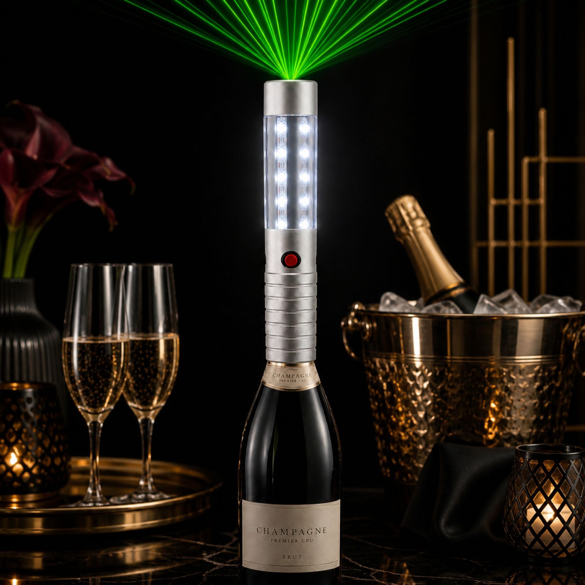 LED Flaschenaufsatz Stroboblitzstab + Laser Grün/Blau – Party-Highlight