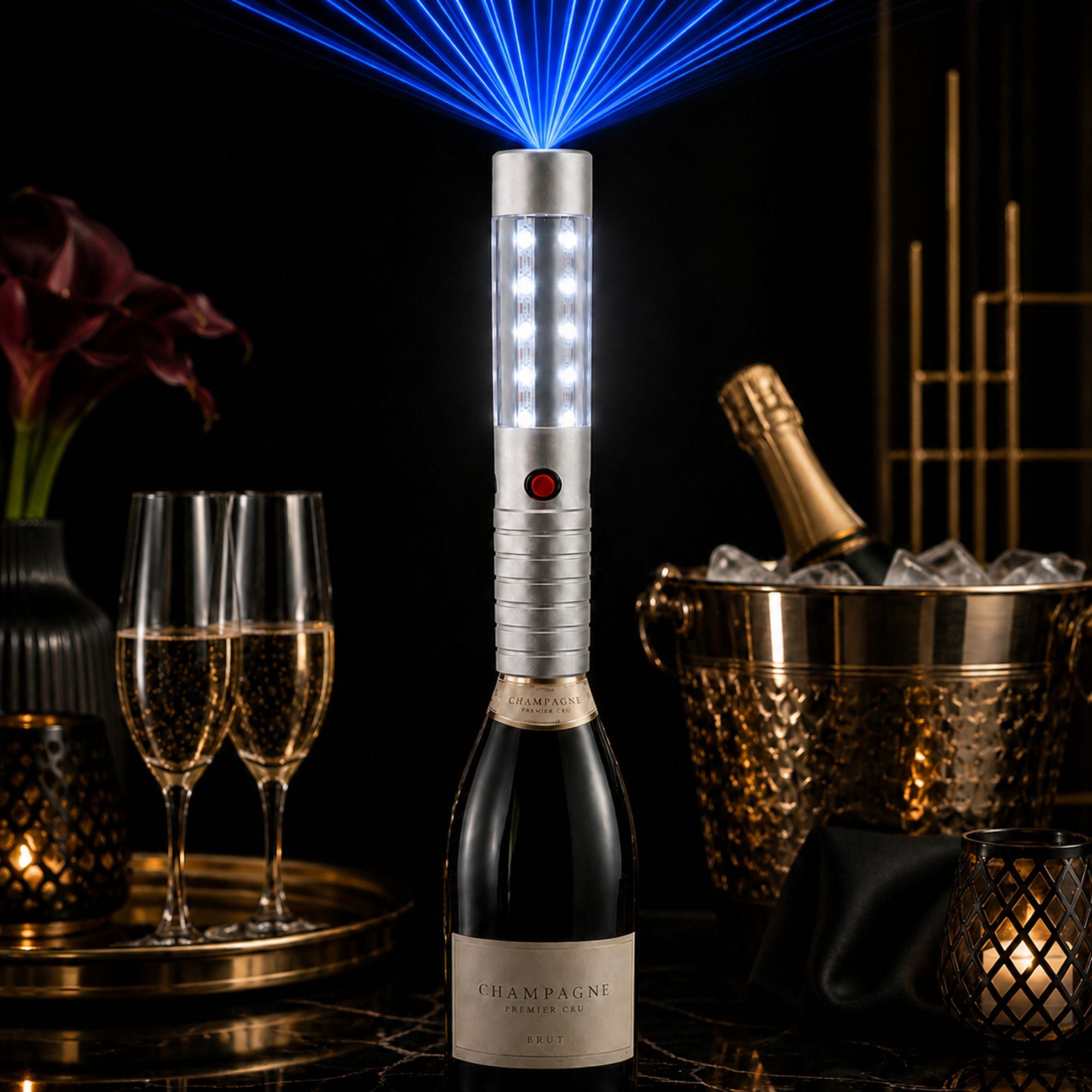 LED Flaschenaufsatz Stroboblitzstab + Laser Grün/Blau – Party-Highlight