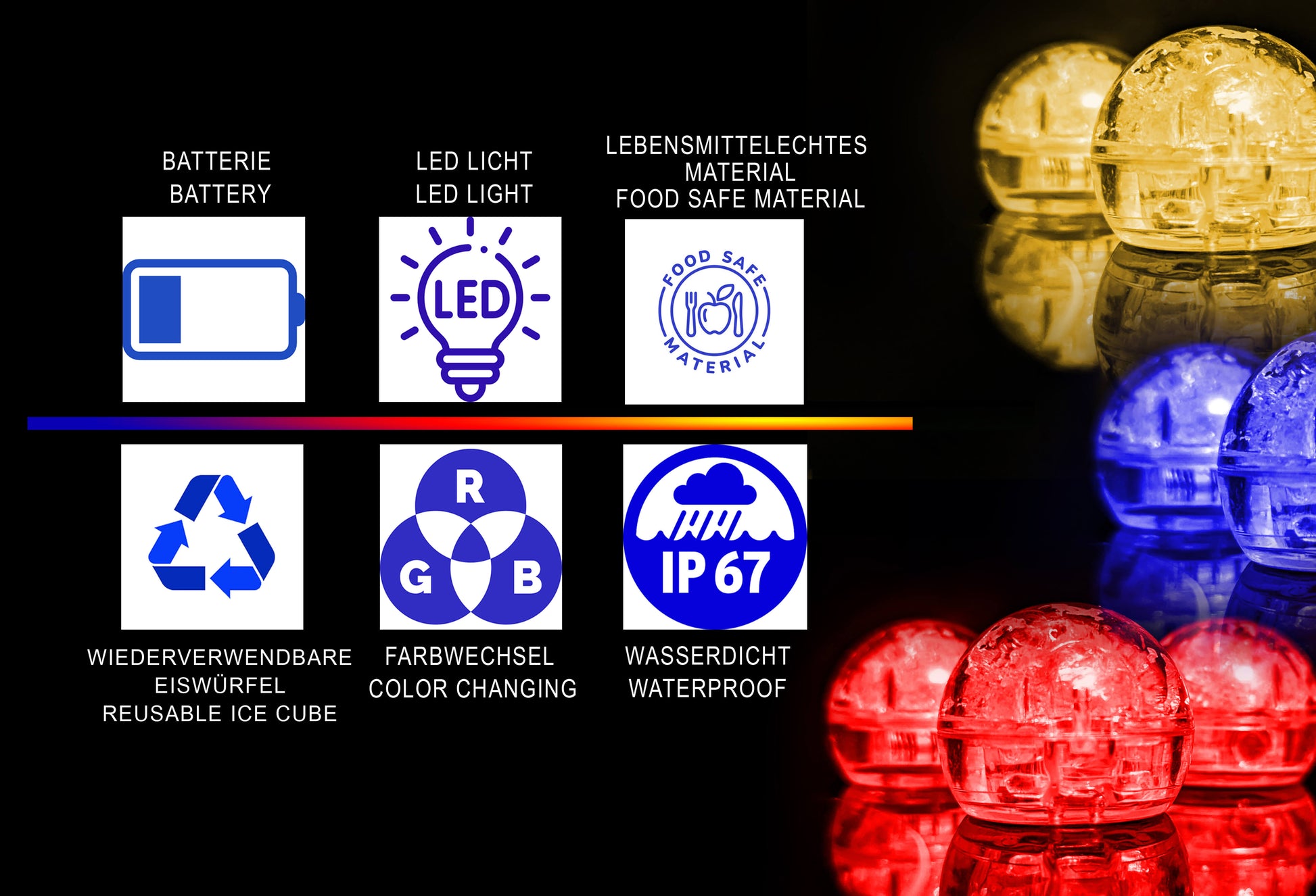 LED Eiswürfel Kugel 12er Pack – Leuchtende Getränkedekoration