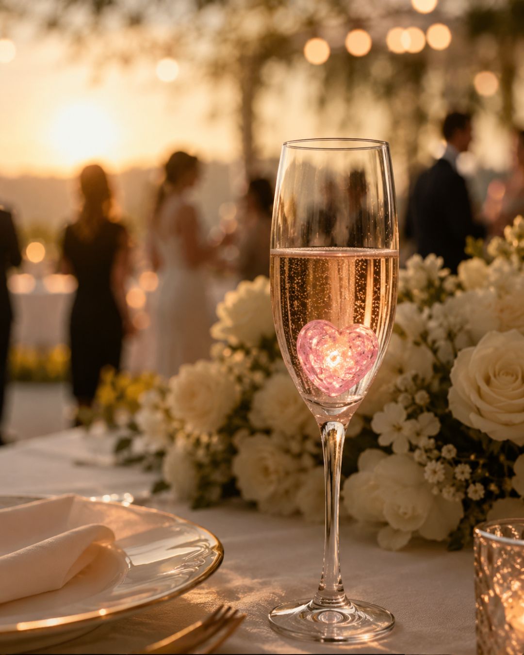 Champagnerglas mit leuchtendem LED-Herz bei einem eleganten Hochzeitsempfang