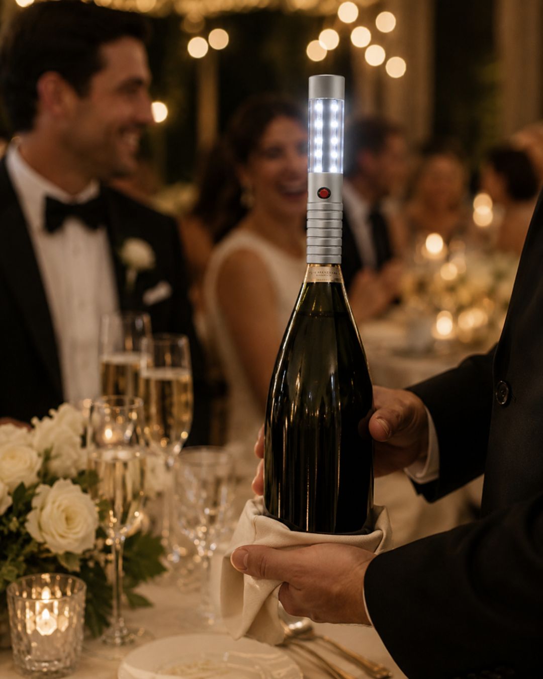 Champagnerflasche mit leuchtendem LED-Flaschenaufsatz auf einer Hochzeitsfeier