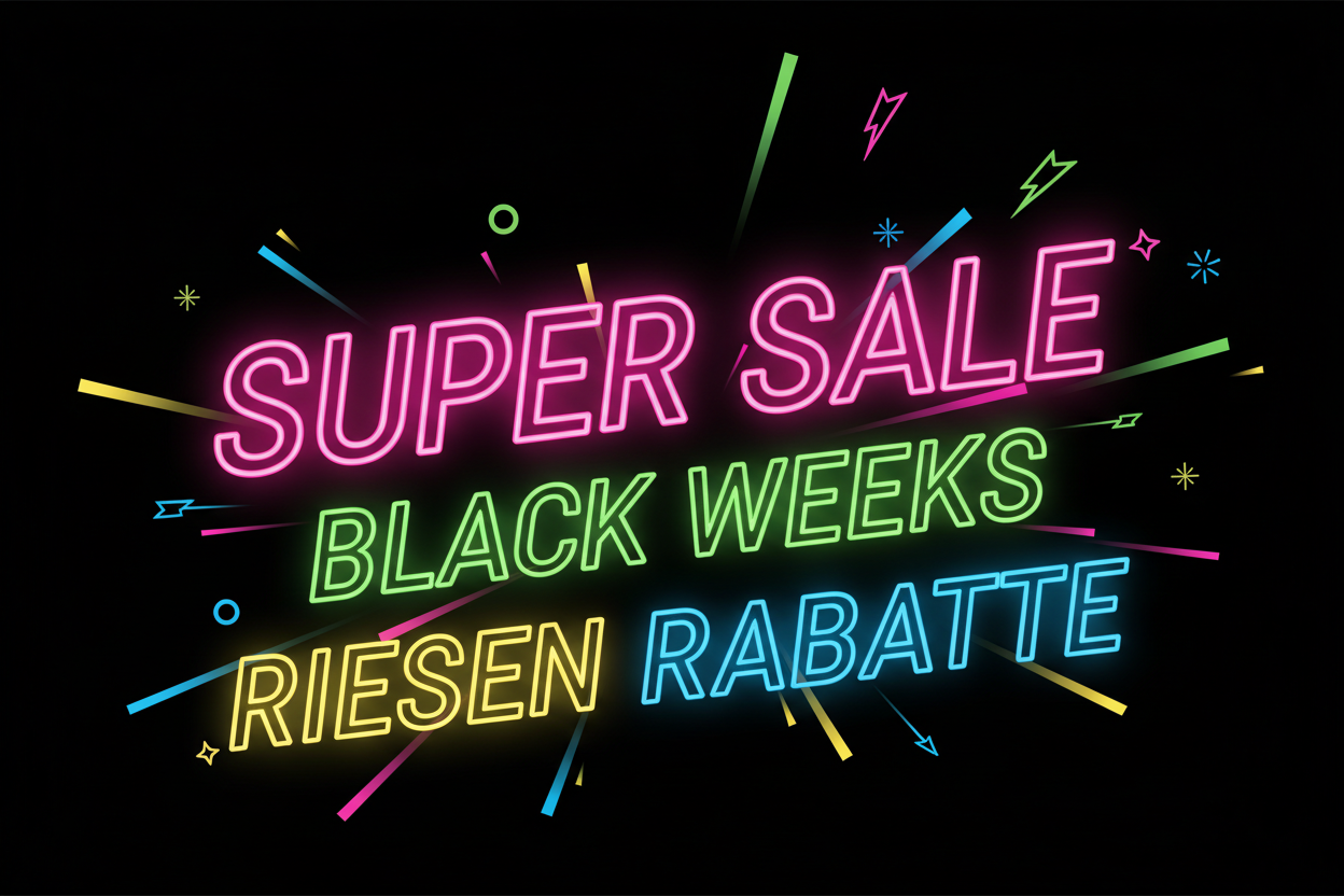 super Sale black Weeks Riesen Rabatte Hintergrund Schwarz Schriften Neonfarbig